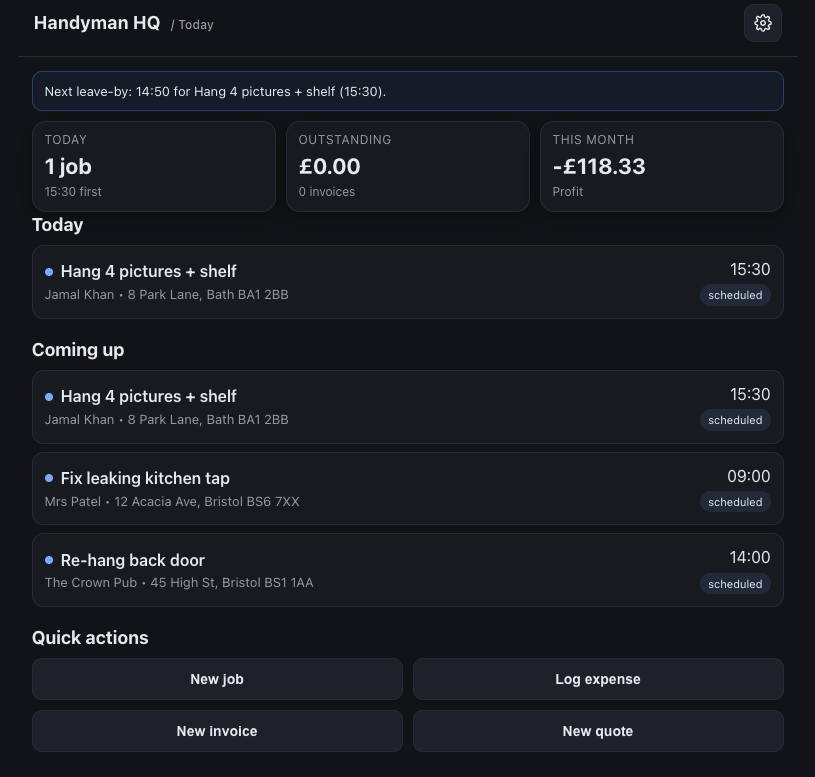 Handyman HQ - Today dashboard with jobs and stats