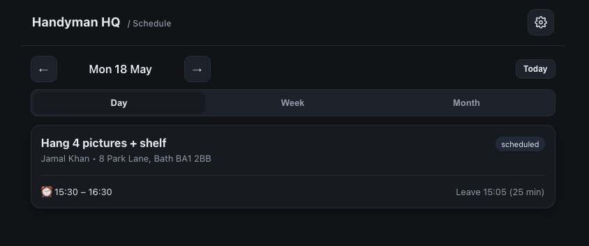 Handyman HQ - Schedule view with day, week, and month tabs