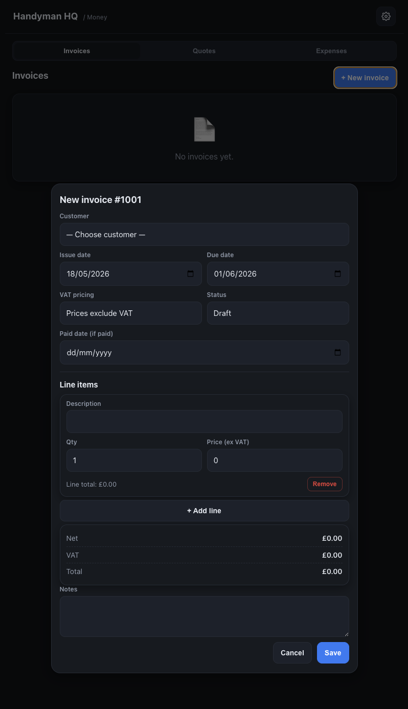 Handyman HQ - New invoice form with line items and VAT