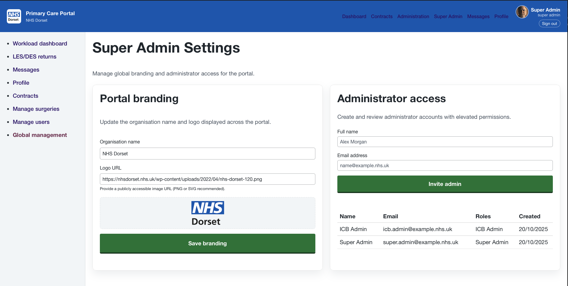 Primary Care Portal - super admin settings