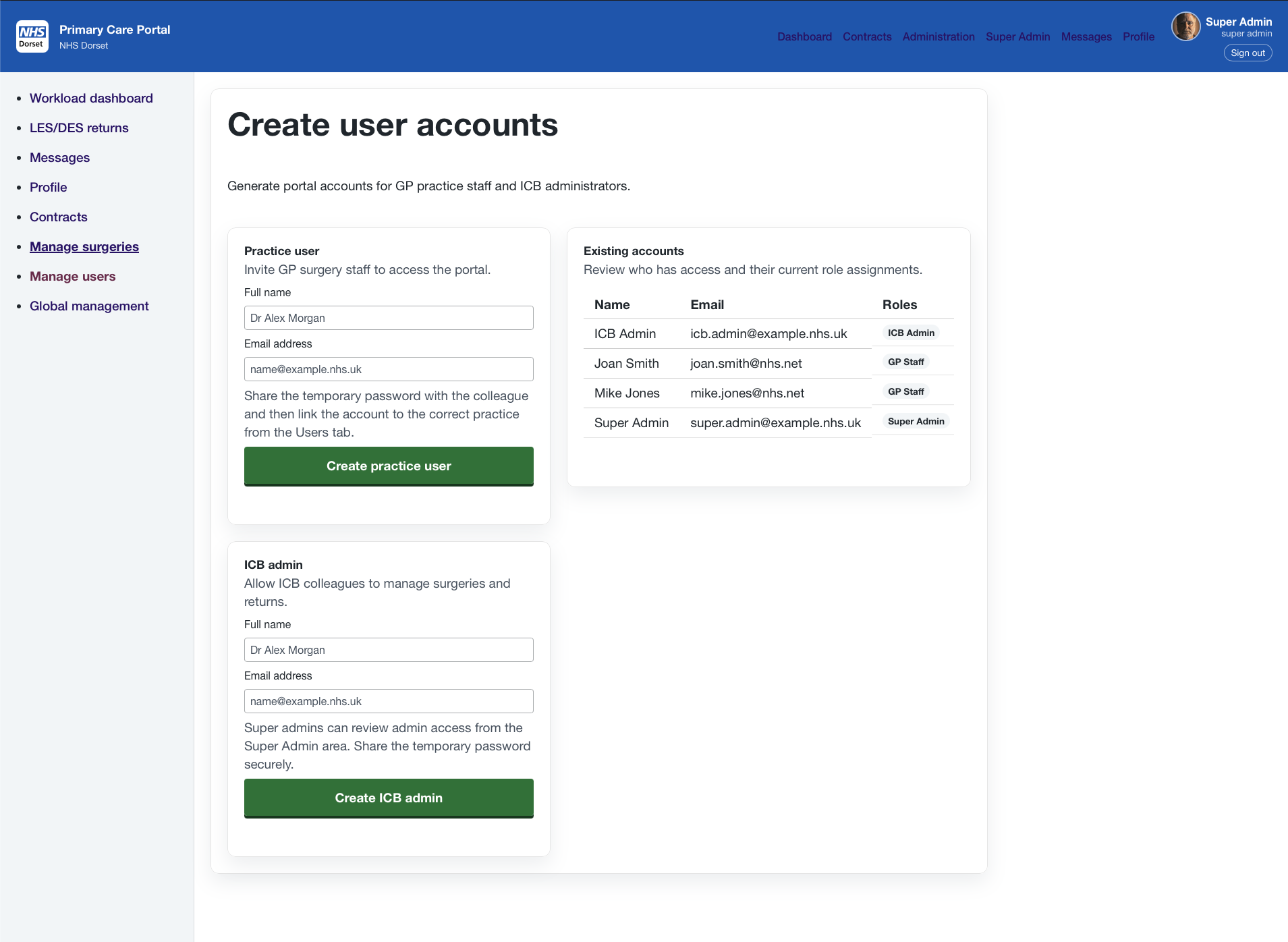 Primary Care Portal - user management