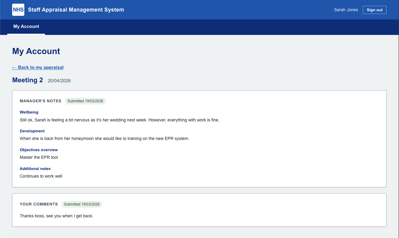 SAMS - Meeting detail with manager notes and staff comments