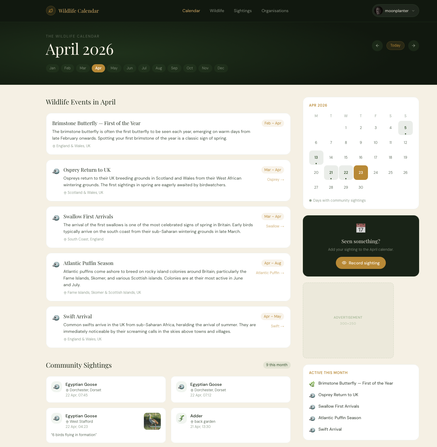 The Wildlife Calendar - monthly calendar with wildlife events