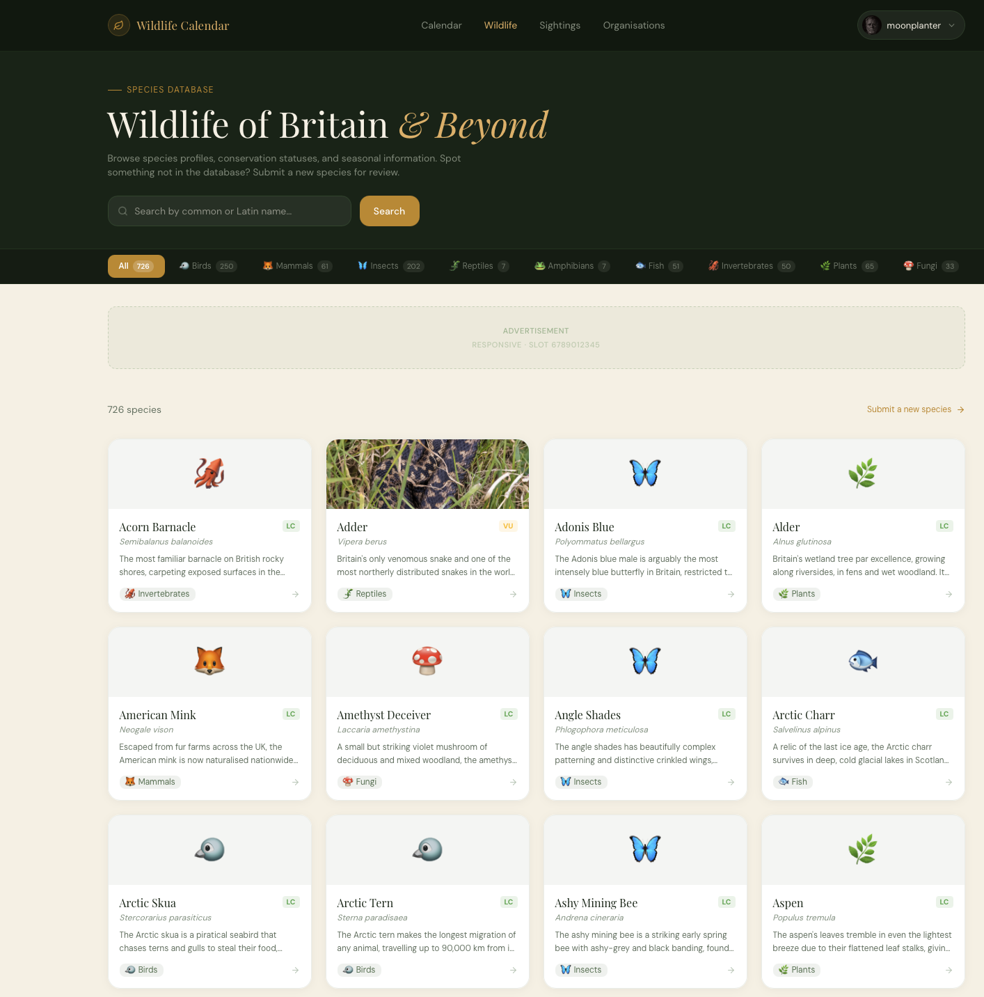 The Wildlife Calendar - species database