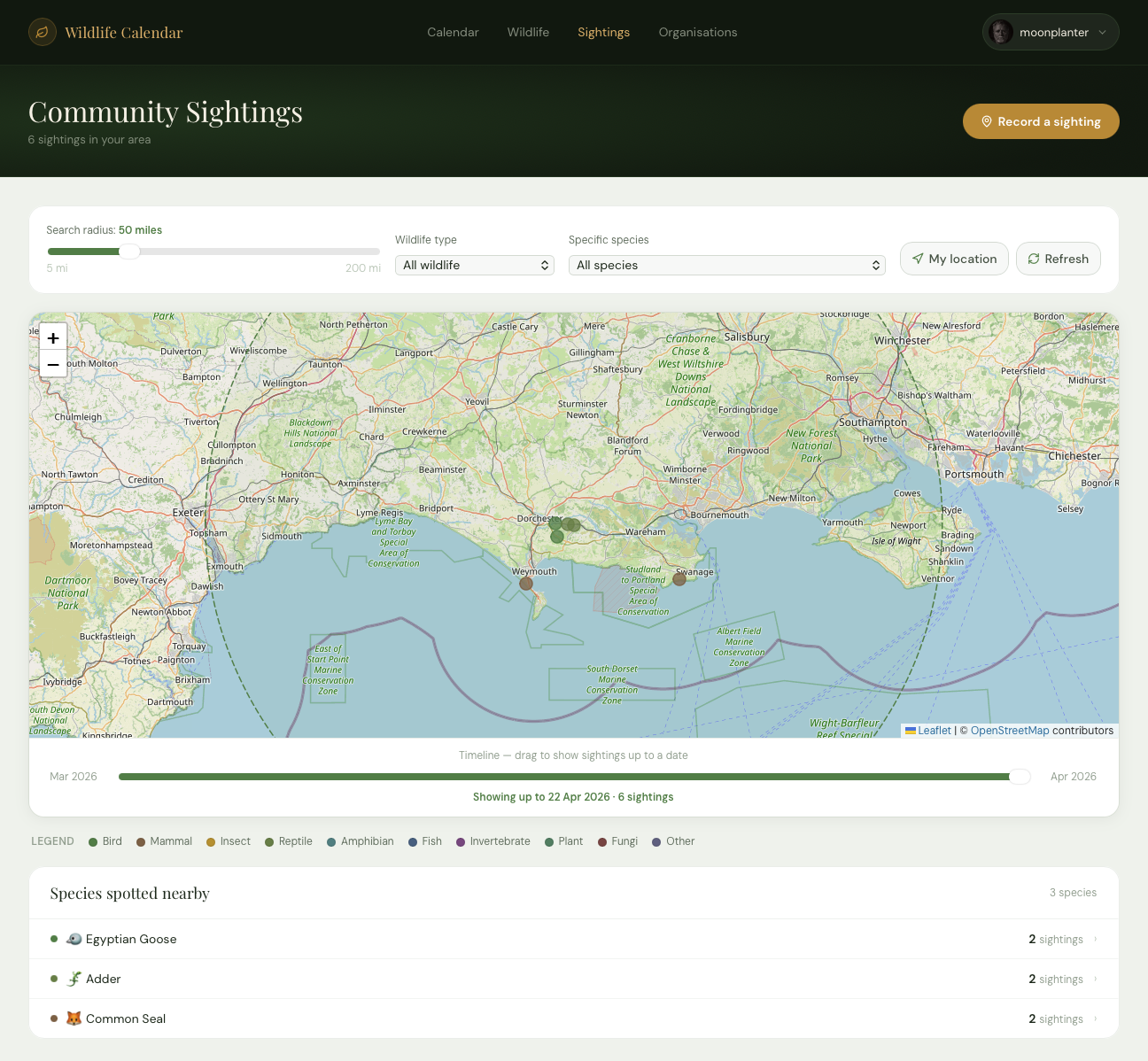 The Wildlife Calendar - community sightings map