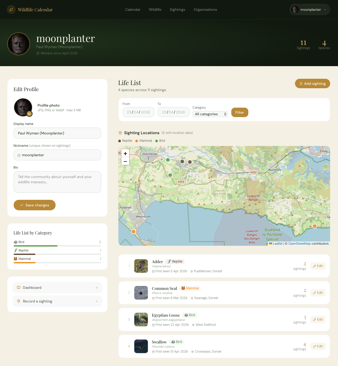 The Wildlife Calendar - user profile and life list